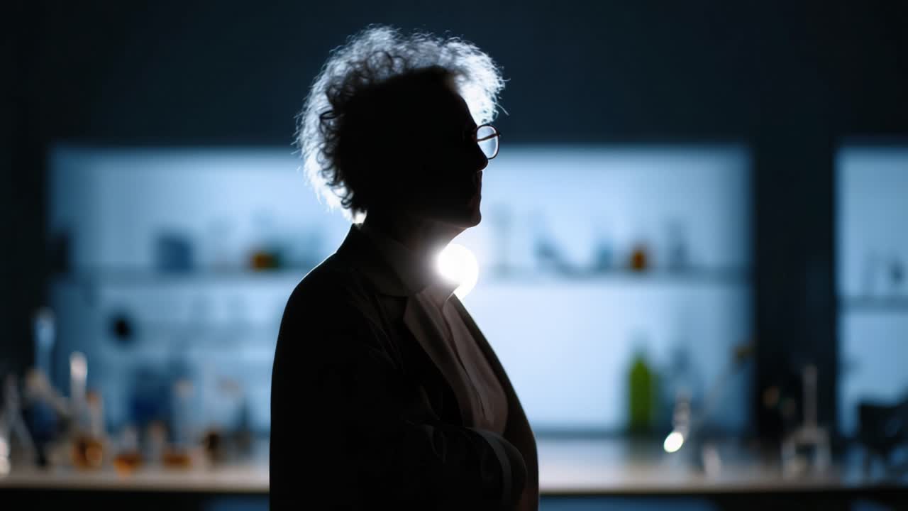 Silhouette of a Scientist in a Laboratory Setting, Surrounded by Scientific Equipment and Glassware, Illuminated by Soft Light from Behind, Evoking Curiosity and Discovery