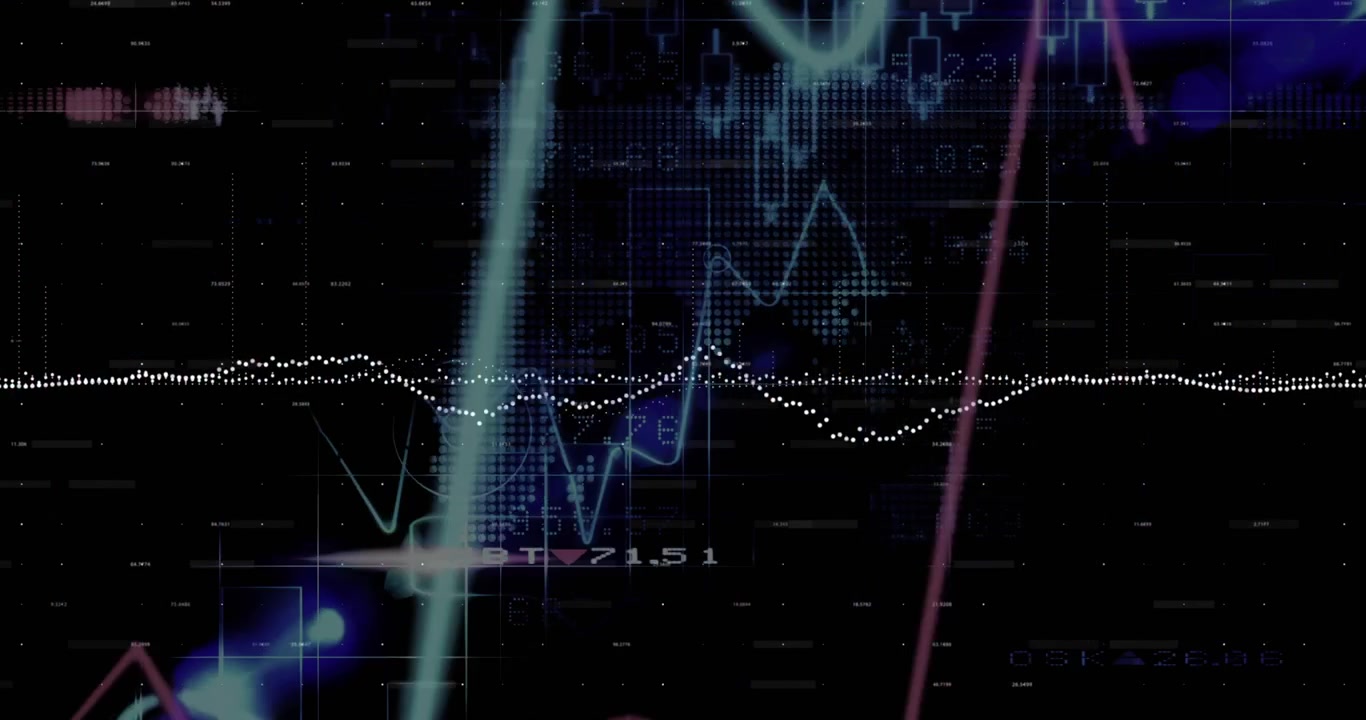 Animation of multiple graphs over numbers, lens flares and blockchains against abstract background