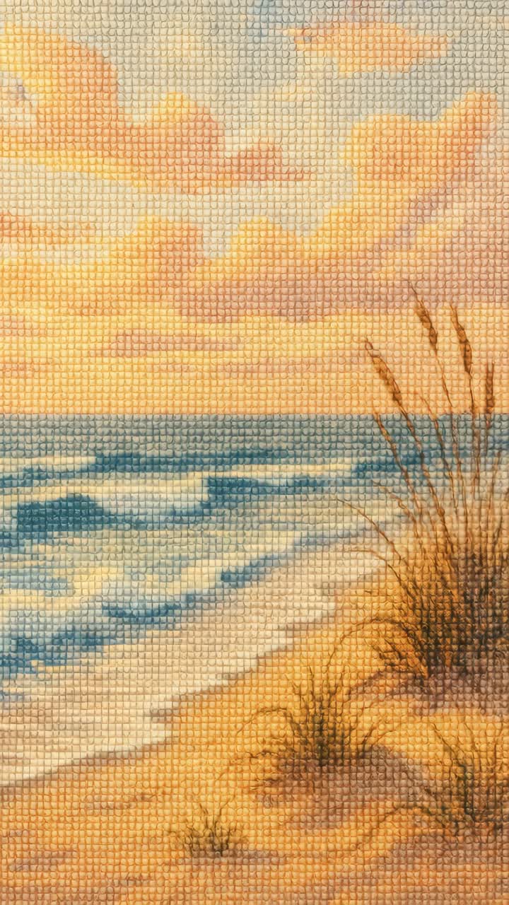 Una vista materica, ad altezza degli occhi, di una spiaggia serena al tramonto, che cattura onde delicate e nuvole soffici