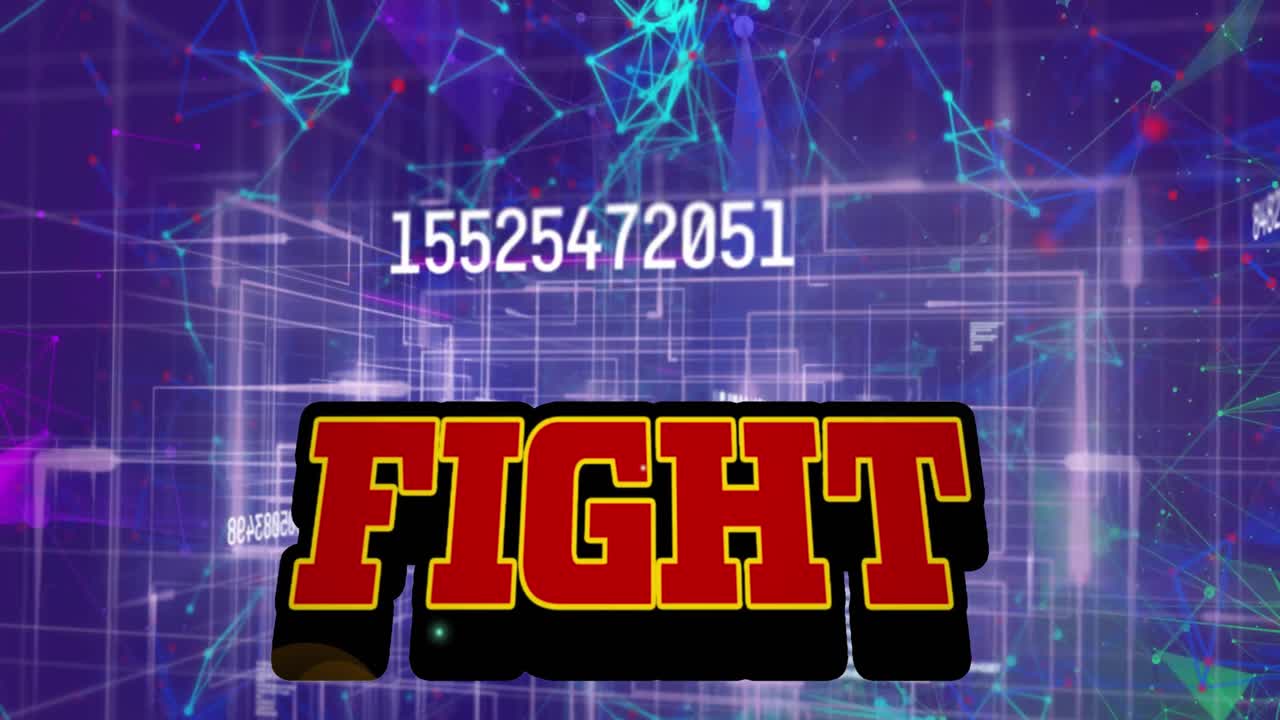 여러 번 변경되는 번호와 보라색 배경에 대한 연결 네트워크를 통해 텍스트를 싸우십시오.