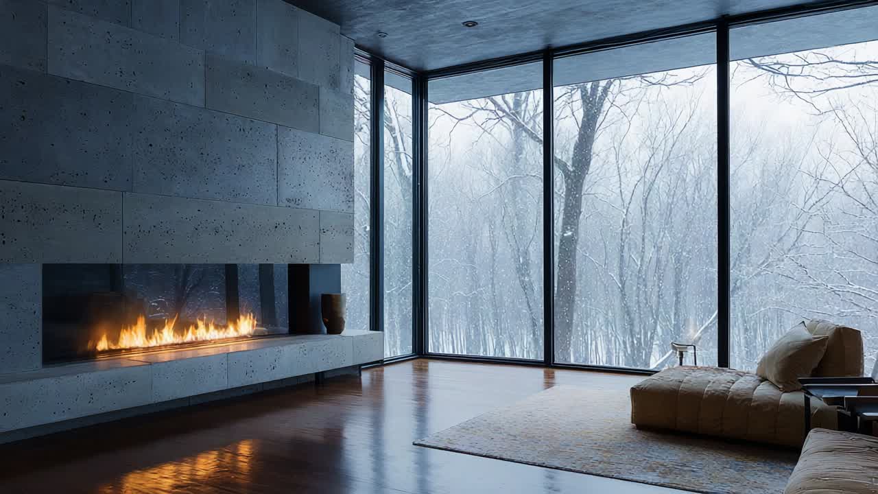 A serene winter living room scene featuring a contemporary fireplace, large windows showcasing a snowy landscape, and a cozy seating area, creating a perfect atmosphere for relaxation and warmth