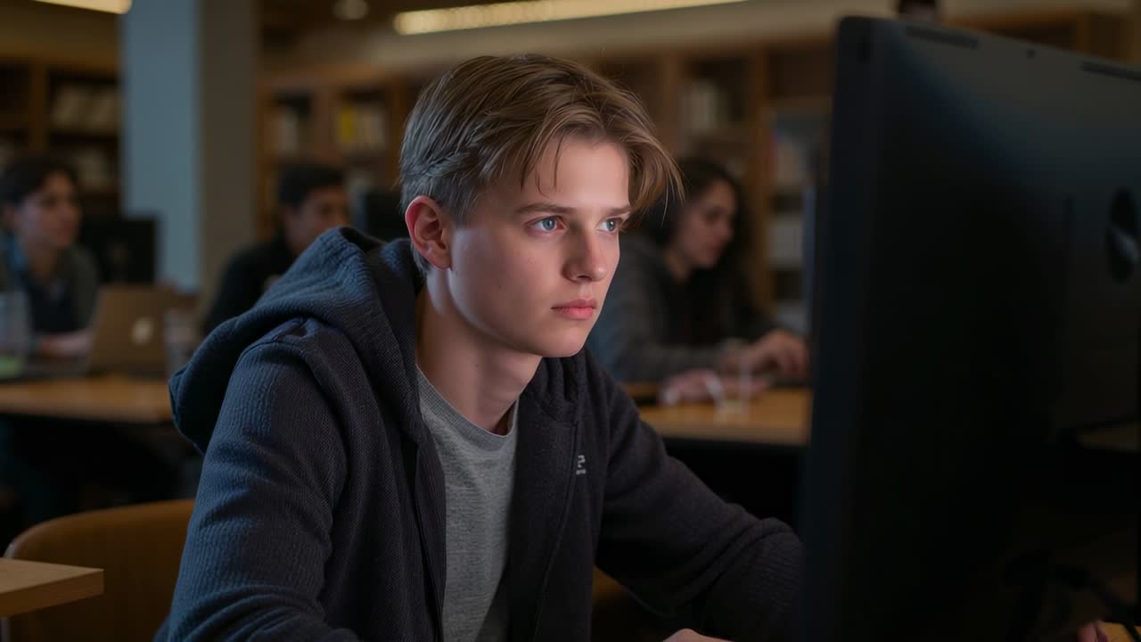 Sitting teenage student in dark hoodie leaning toward monitor in library, typing to finish homework