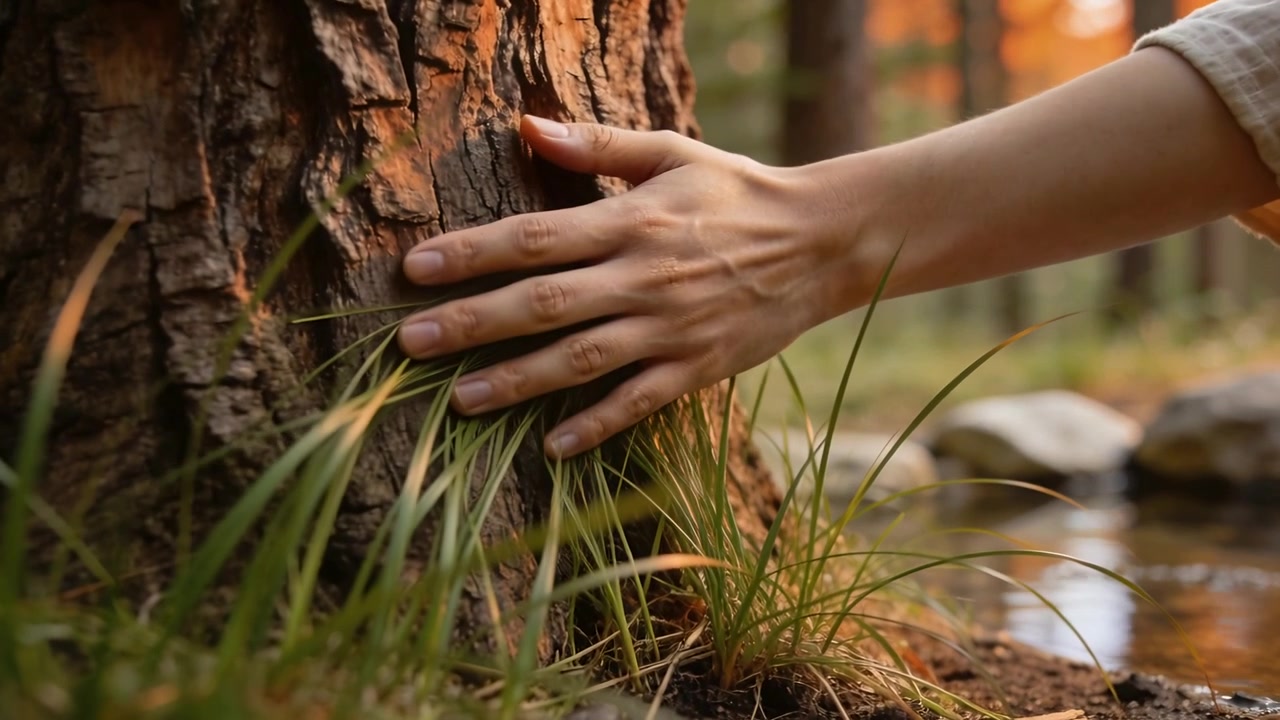 Approaching adult right hand brushing textured tree trunk at stream edge, feeling bark texture