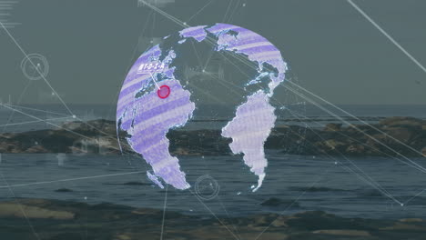 animation of globe with networks of connections and icons over sea