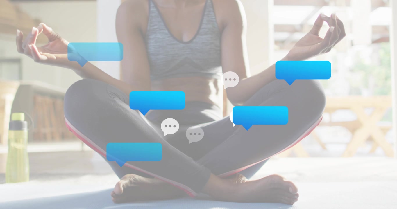 Donna che medita su un tappetino da yoga, con il respiro che emette bolle di dialogo che si dissolvono, simboleggiando il benessere