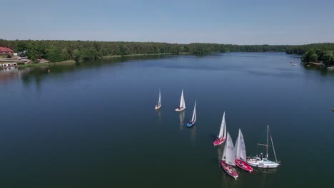 sailboats prepare to race on a lake, drone shot