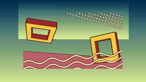 animación de cuadrados giratorios y ondas sobre fondo verde