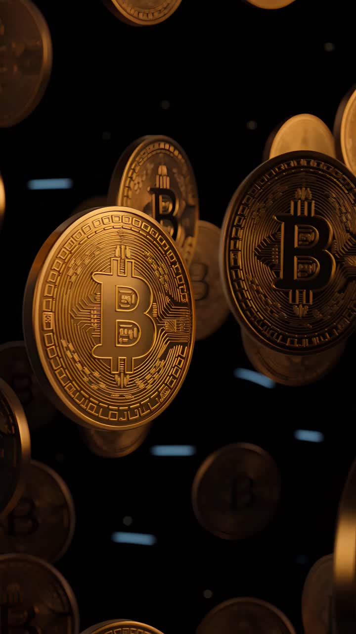 Animação de Bitcoin Dourado Girando em Fundo Escuro Cripto Cinematográfico 4K