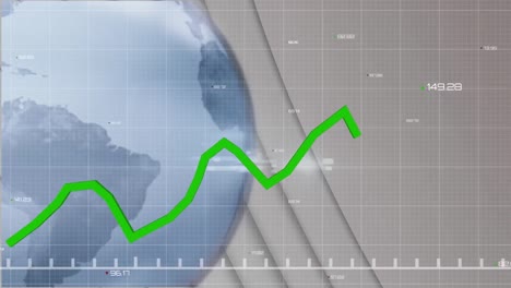 animation of statistics and financial data processing with green line over globe