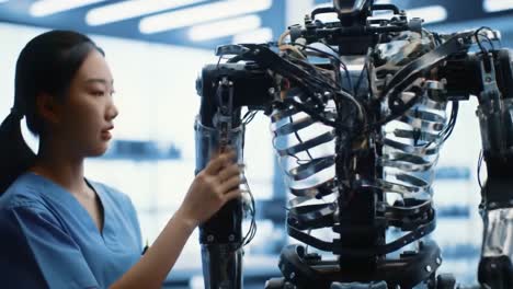 a robotics engineer examines and adjusts the components of a humanoid robot in a modern laboratory. the focus is on mechanical parts and advanced technology, demonstrating cutting-edge research.