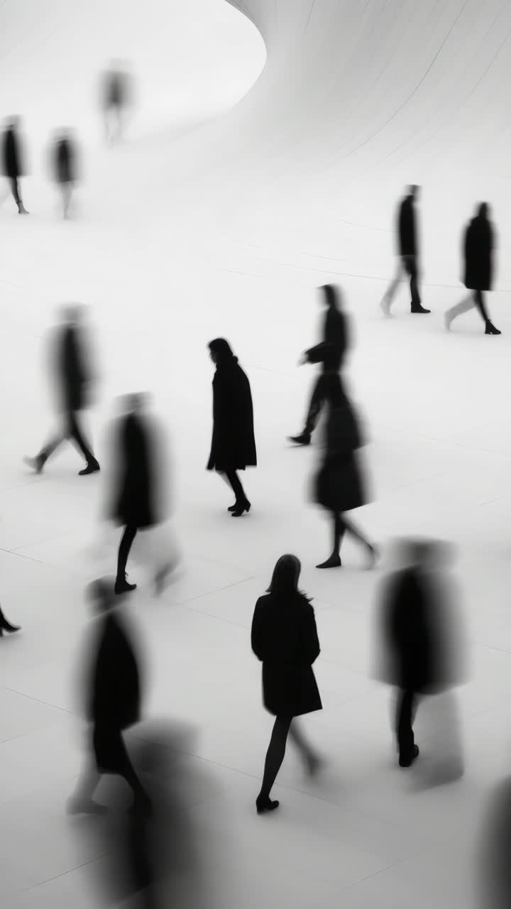 Abstract video concept with a high-angle view of blurred silhouettes walking in a modern, minimalist