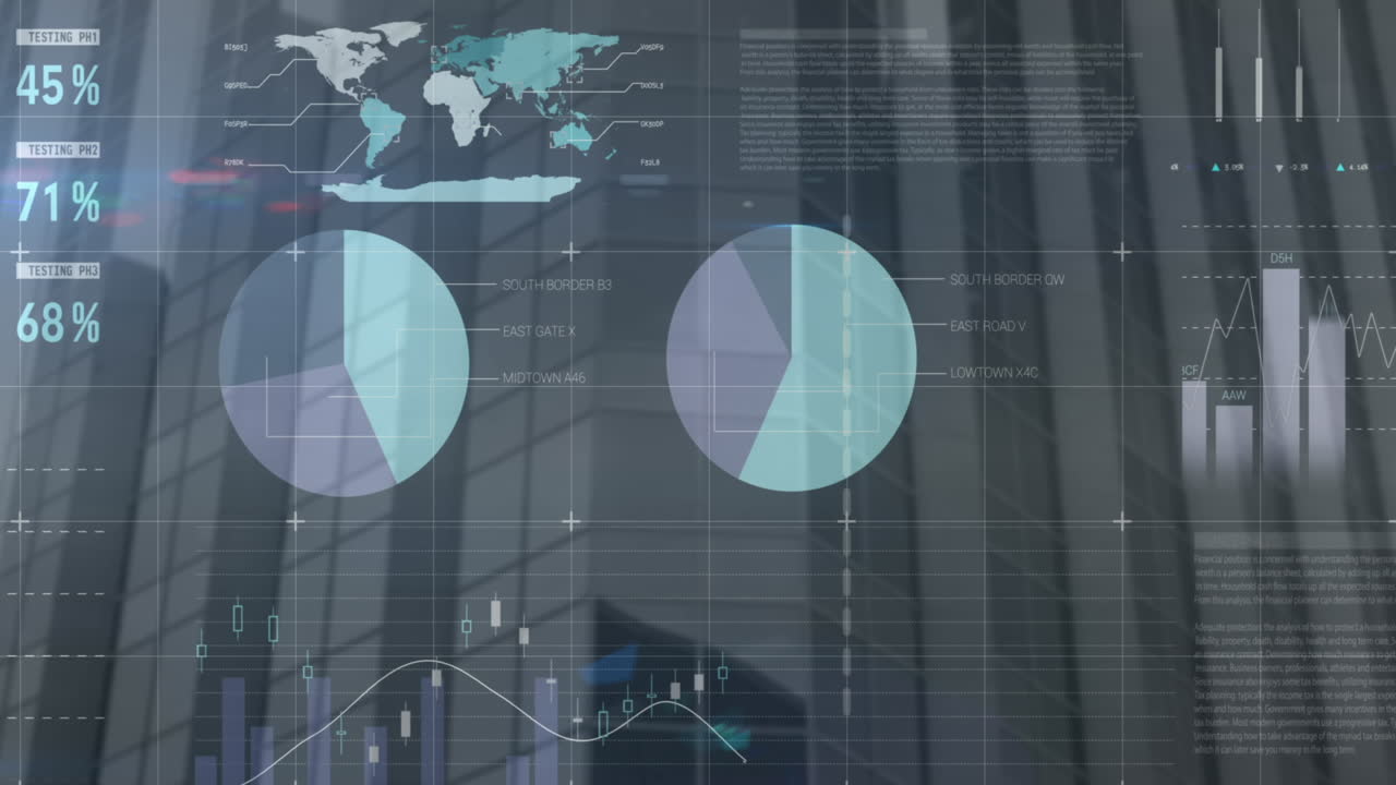 Animation of statistical data processing against view of a tall building