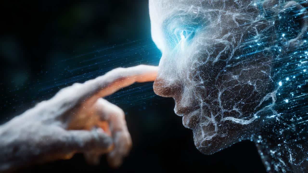 Esplorando l'intersezione tra umanità e tecnologia: una rappresentazione digitale di un volto futuristico con una mano robotica, evidenziando la fusione tra IA ed emozione.