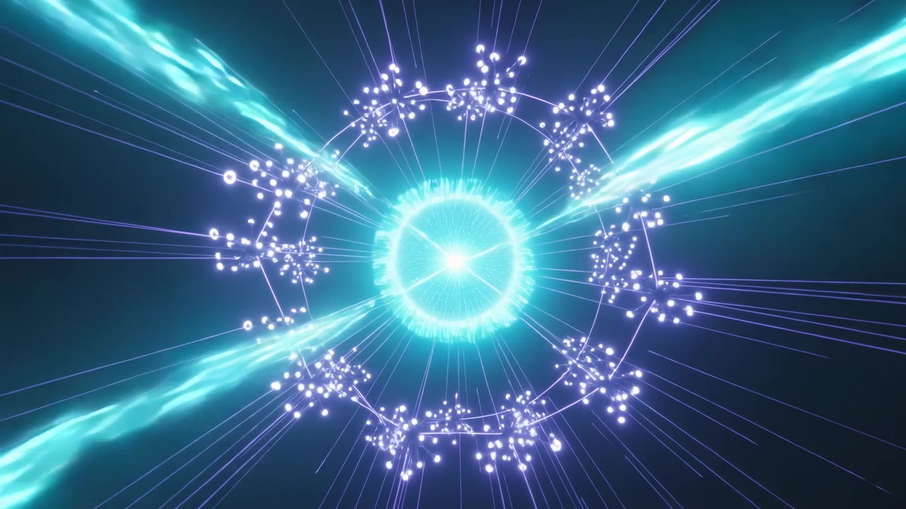 Reacting to incoming light streaks pulsing cyan orb charging forming linked particle ring in void
