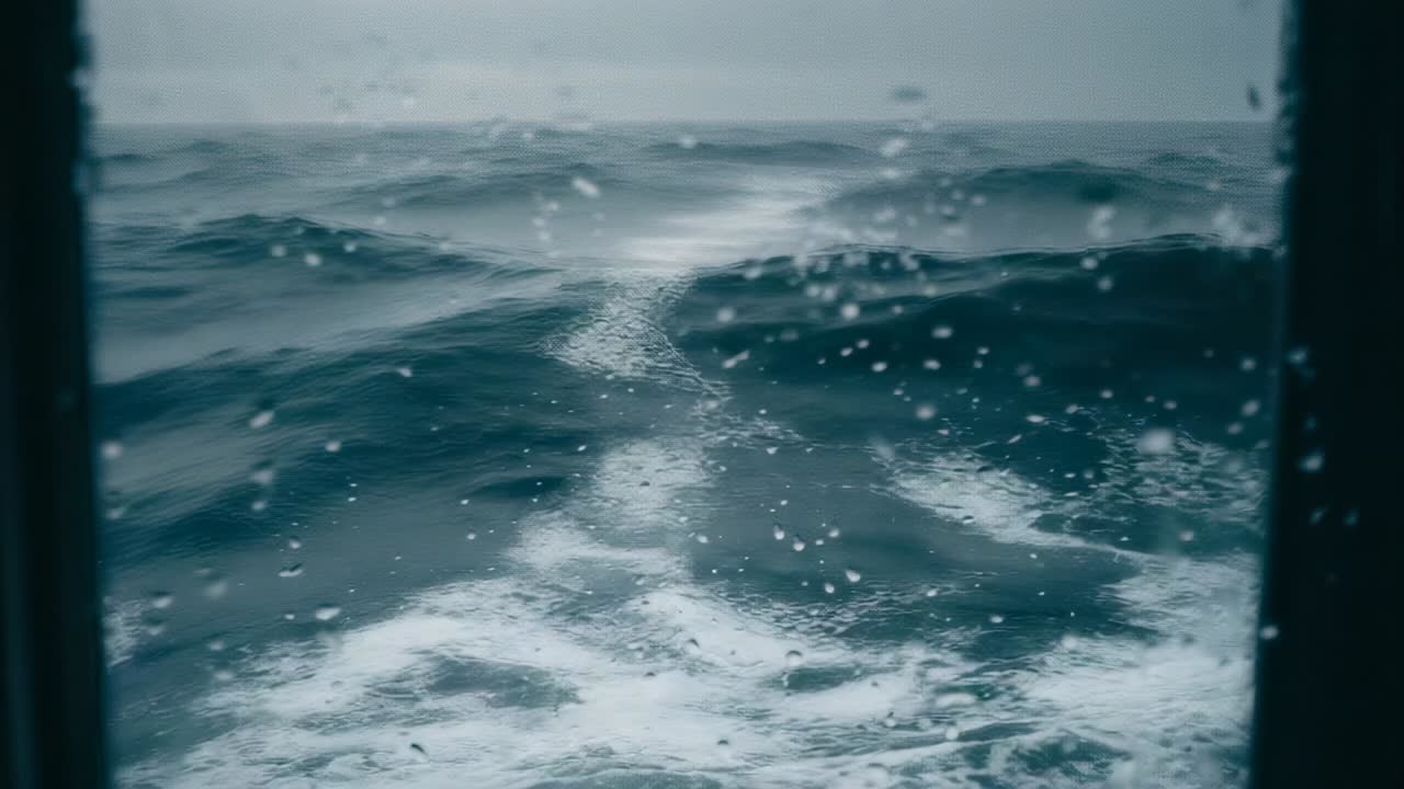 Churning vessel wake causing seawater droplets sliding down boat window, revealing rolling waves