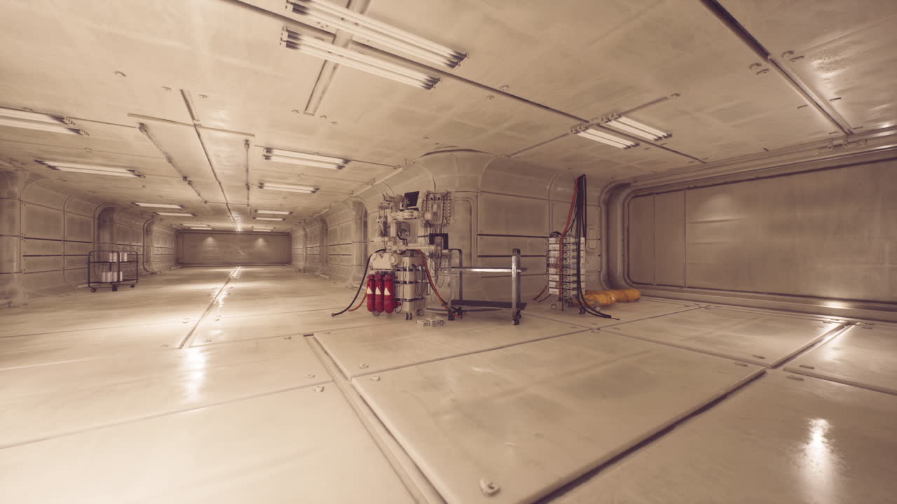 Futuristic industrial hallway with equipment and bright overhead lighting