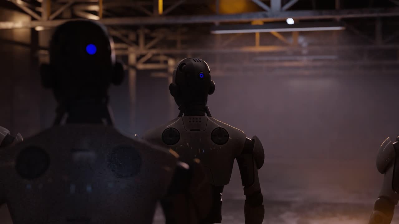 Back view of humanoid robots standing in industrial warehouse with warm yellow lighting. 3D rendering of artificial intelligence, robotics, and cybernetic systems. Future automation
