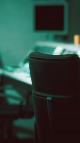 a black leather chair in a music studio