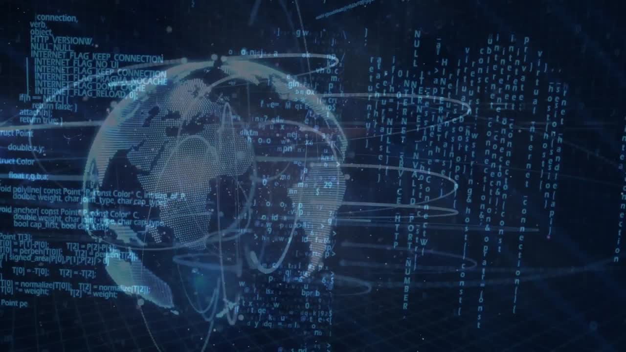 Animation of network of connections with globe and data processing over blue background