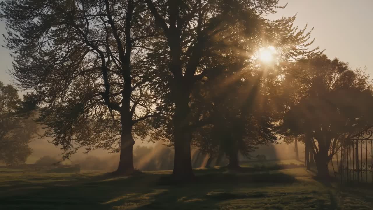 Golden sun rays streaming through trees in a misty park at sunrise, creating a magical and tranquil atmosphere filled with warmth and beauty
