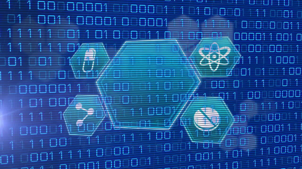 animación del icono en hexágonos sobre las llamaradas de la lente contra la caída de códigos binarios en fondo azul