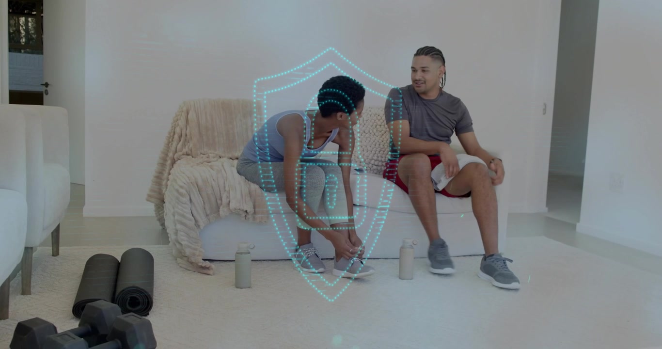 Woman leaning and man mirroring, tying gray shoes with pulsing digital shield, preparing workout