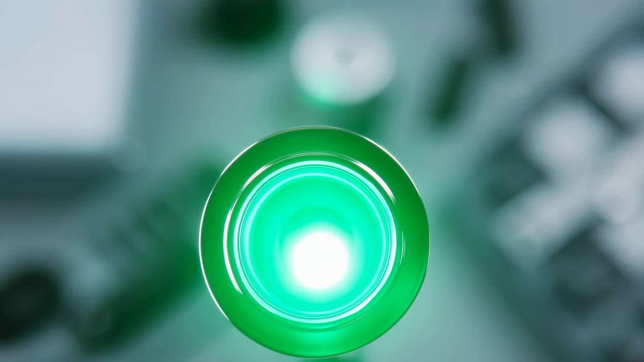 Centered close-up of a luminous green circular light with a bright white core, soft blur, and clean abstract background for a modern technological feel