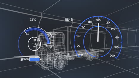animación del panel del coche sobre el camión digital sobre fondo negro