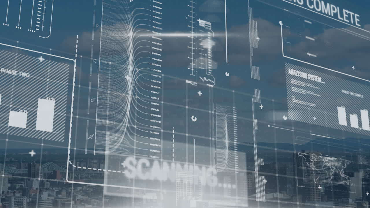 都市風景上の金融データ処理のアニメーション