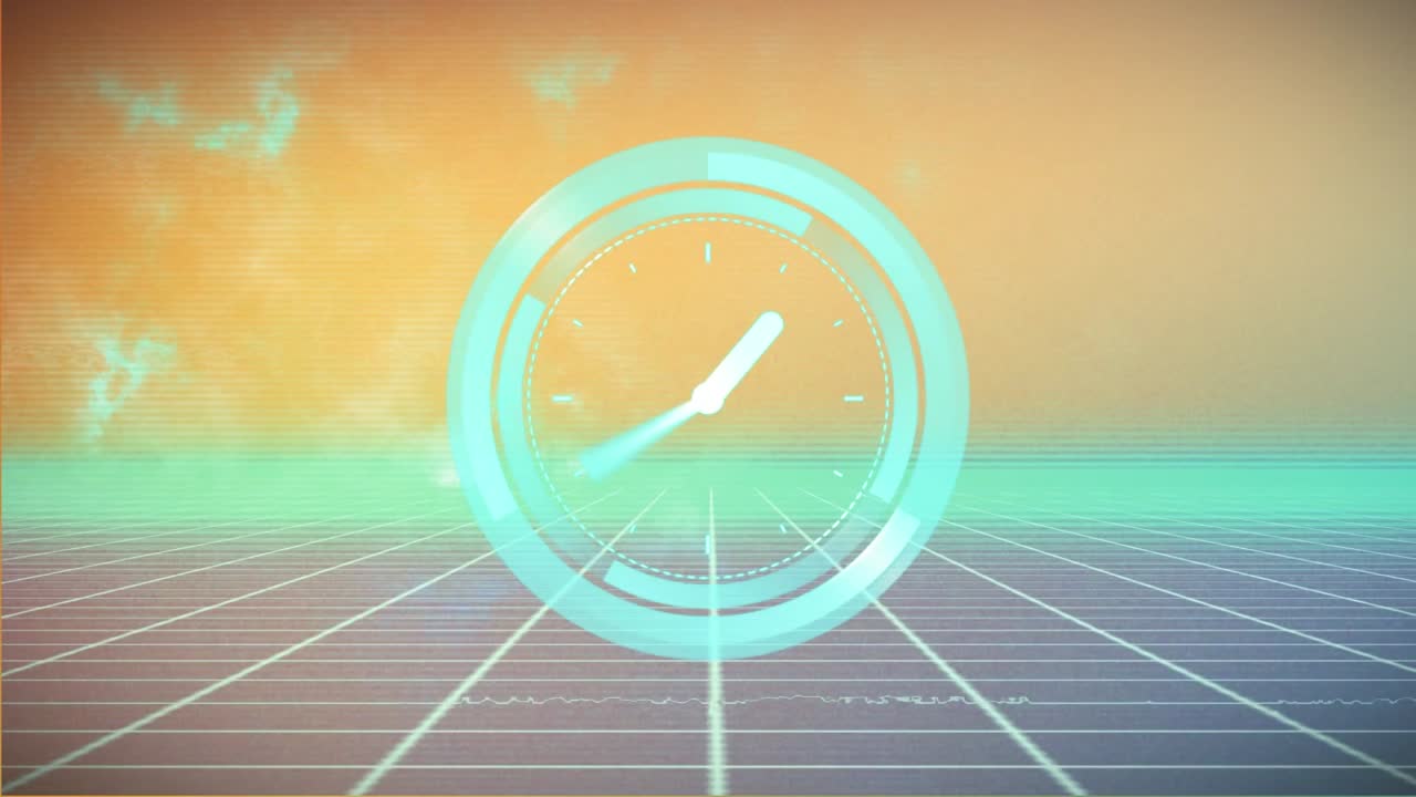 Animation of neon ticking clock over grid network against orange gradient background