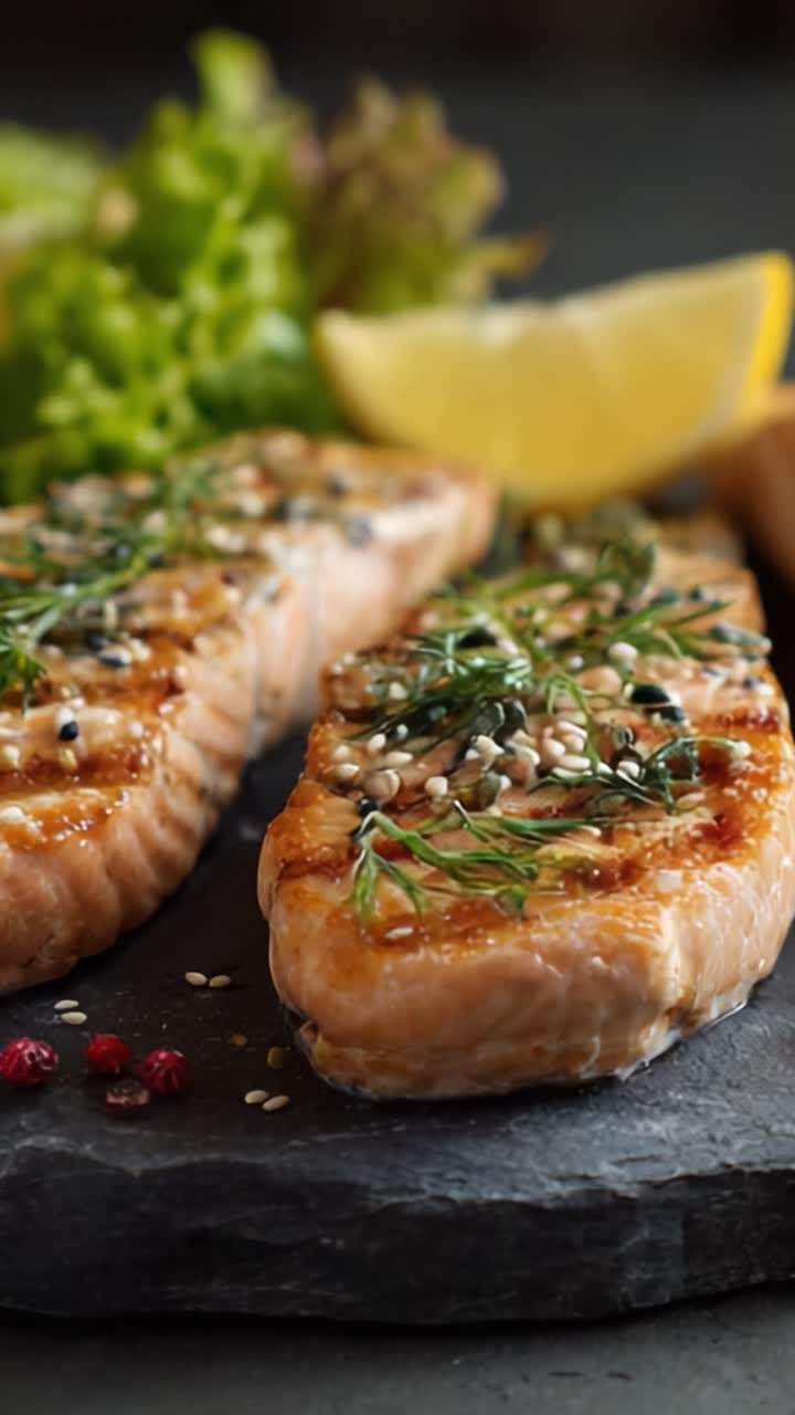 Köstlich gegrilltes Lachsfilet mit frischen Kräutern und Zitronenscheiben, perfekt präsentiert auf einer Schieferplatte, umgeben von knackigem Salat für eine geschmackvolle Mahlzeit