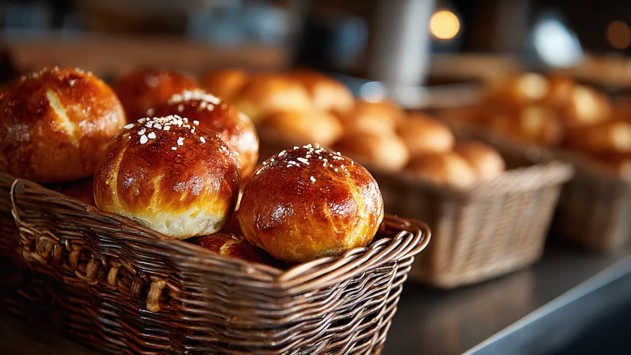 A Glimpse into Freshly Baked Bread: Golden Brown Rolls in a Rustic Basket, Radiating Warmth and Delicious Aroma, Perfectly Crafted for a Cozy Bakery Experience