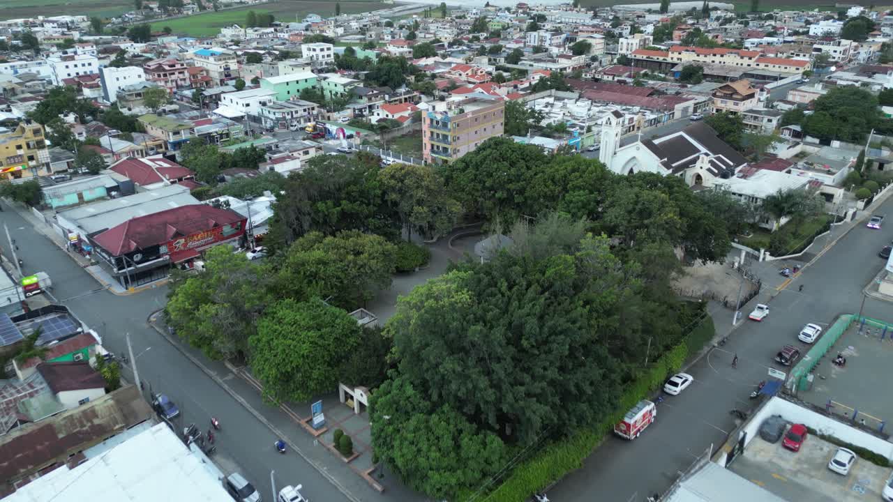 Aerial view of the town center and central park of Constanza in the La Vega province in the central range of the Dominican Republic