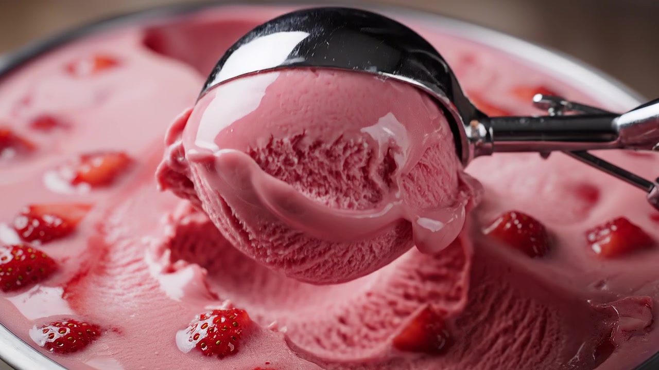 Paletta in acciaio inossidabile che preleva una pallina di gelato alla fragola