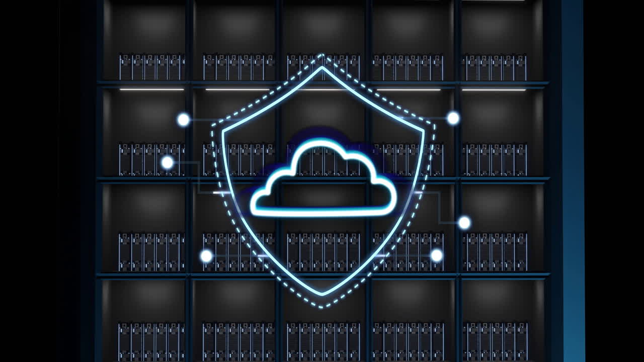 Cloud security shield animation over server racks in data center