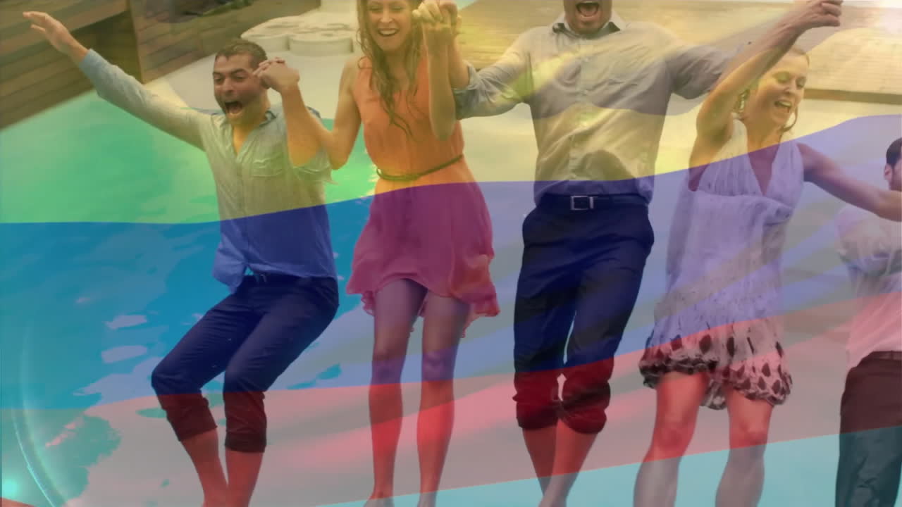Jumping into pool, people joyfully enjoying colorful overlay animation effects