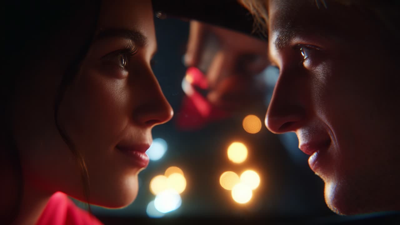 A Close-Up of Two People Gazing Into Each Other's Eyes, Capturing a Moment of Connection and Emotion, Highlighting Intimacy Amidst the Soft Glow of Bokeh Lights in the Background