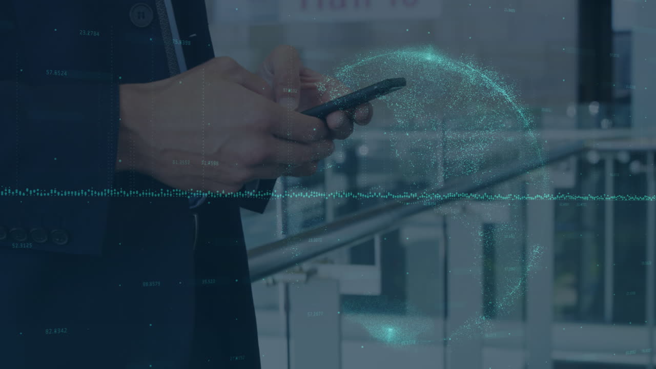 Animation of financial data and globe over hands of caucasian businessman using smartphone