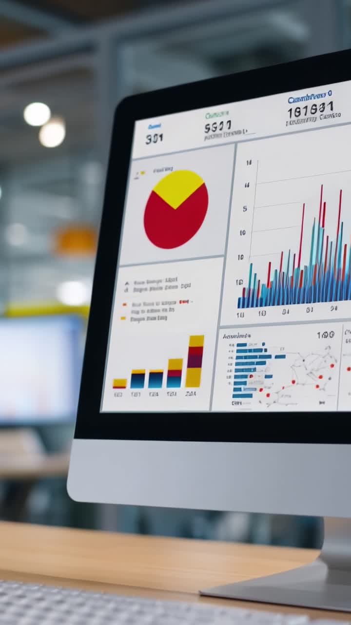 Oversikt over dataanalyse: Visualiseringer av ytelsesmål og nøkkelindikatorer på en moderne dataskjerm for forretningsinnsikt og beslutningstaking