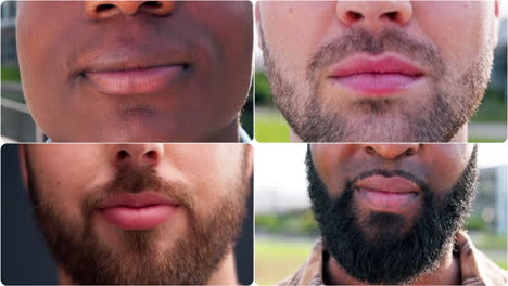 sonrisa, feliz y primer plano de la boca de los hombres en la ciudad