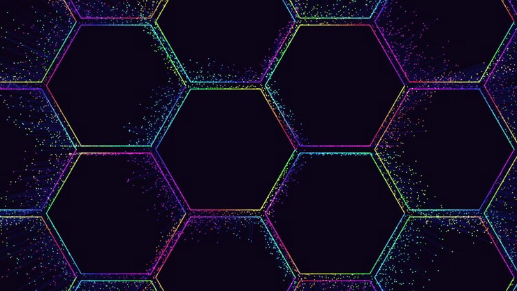 Symmetrisches Sechseckgitter mit bunten kreisförmigen Punkten auf schwarzem Hintergrund