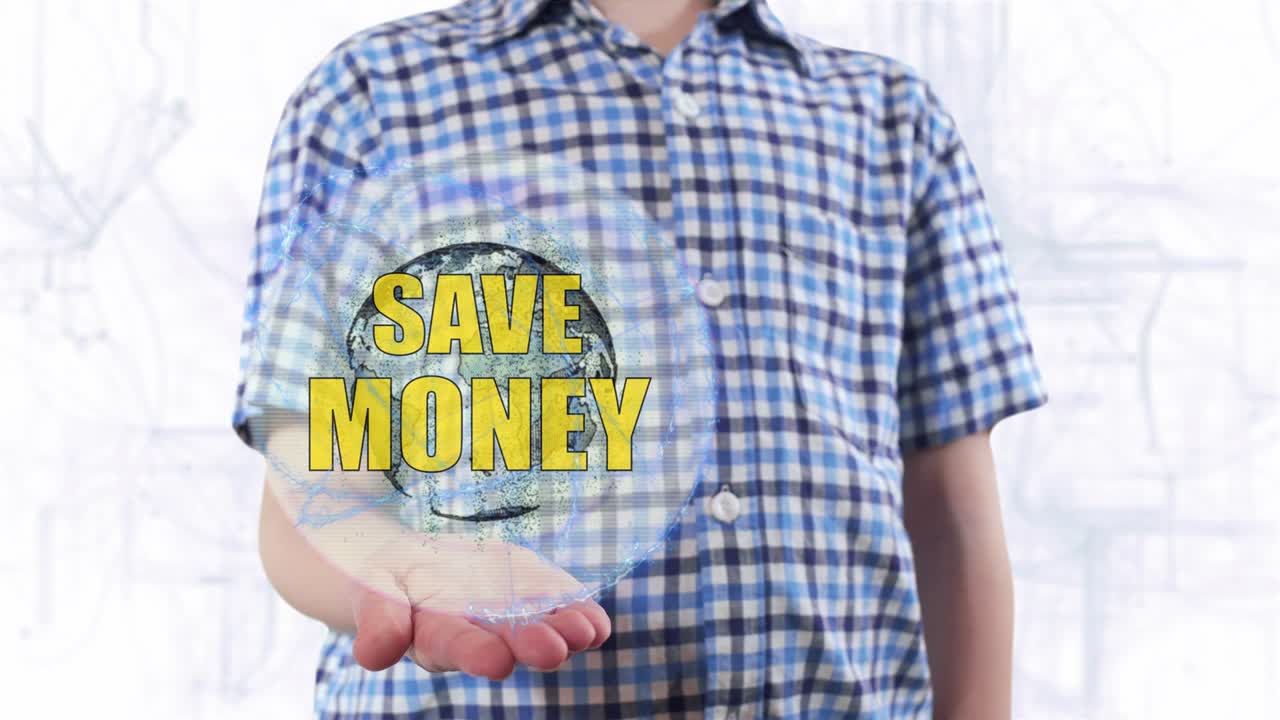Young man shows a hologram of the planet Earth and text Save money