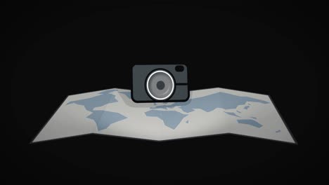 camera icon on a foldable world map takes photos with flash