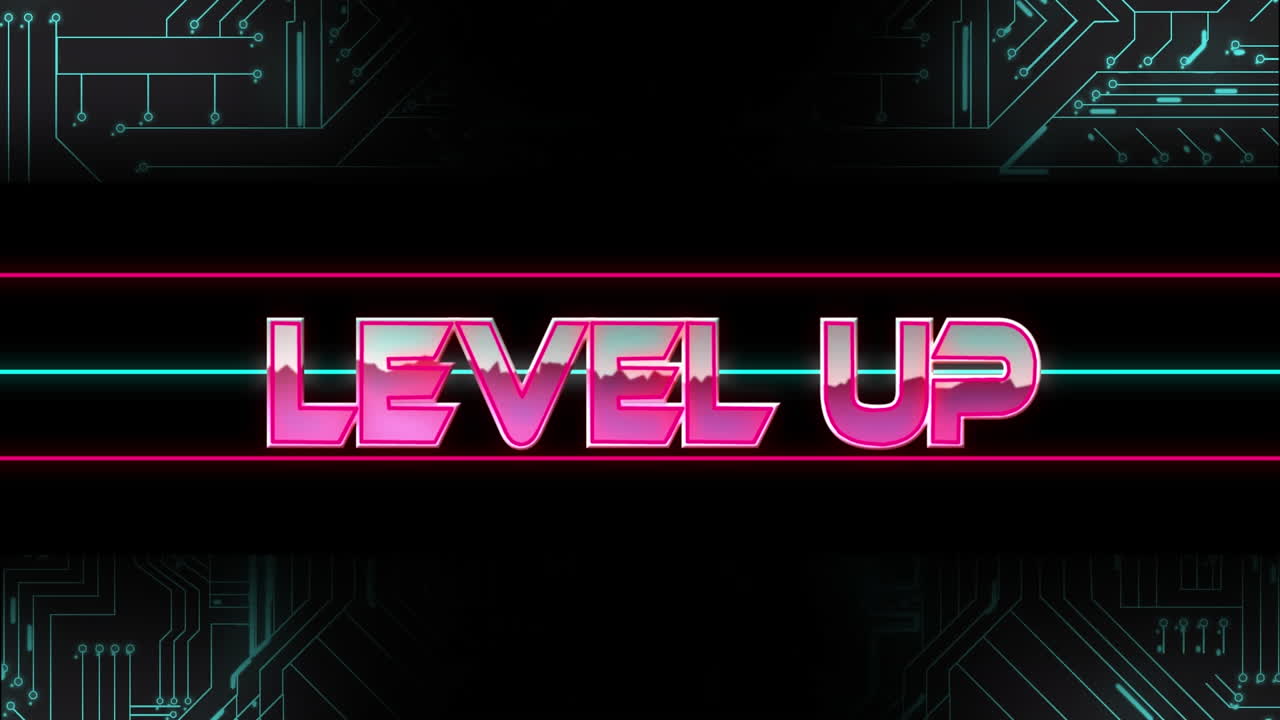 animación de nivel sobre líneas de neón y placa de circuitos de computadora.