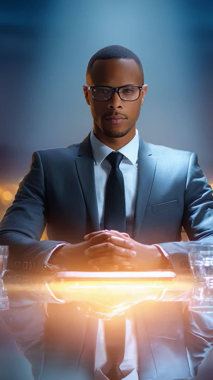 A confident businessman sits at a table, exuding professionalism and determination, ready to engage in crucial discussions in a well-lit environment