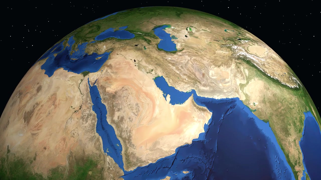 Dijital animasyon, uzaydan Suudi Arabistan'ın Jubail şehrindeki belirli bir konum işaretçisine yakınlaşıyor.