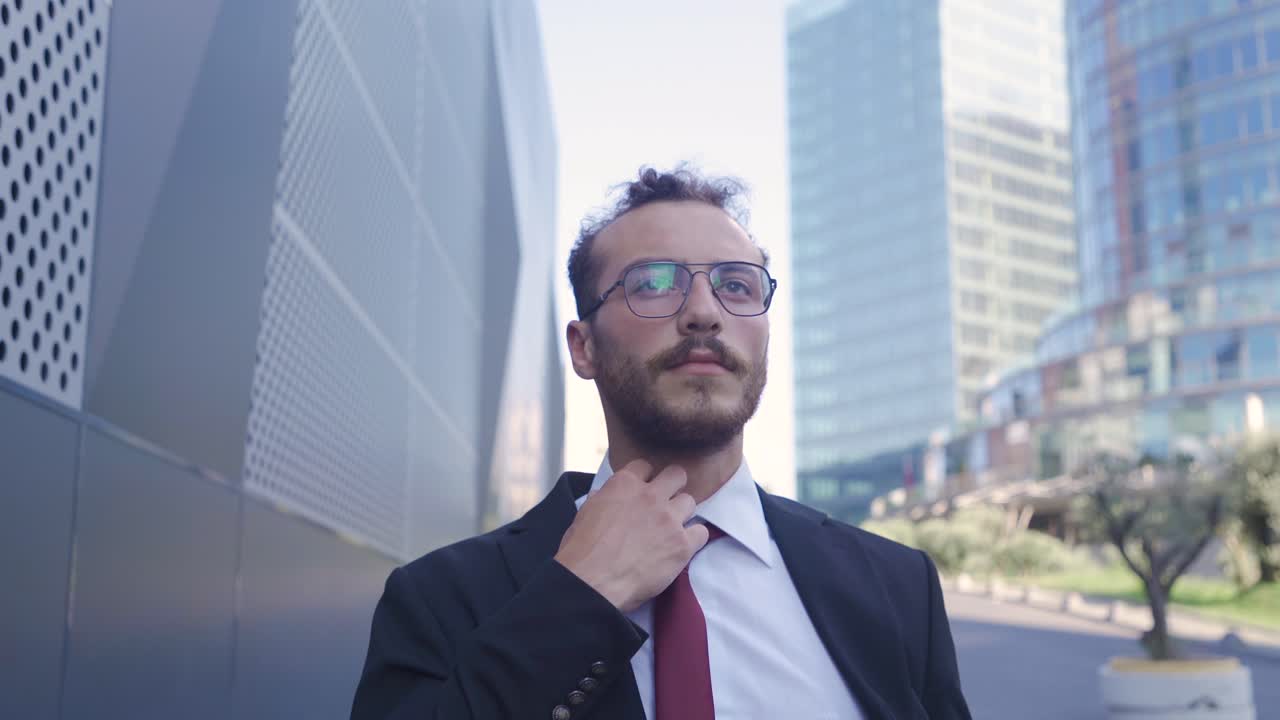 hombre de negocios caminando entre edificios de lujo.
