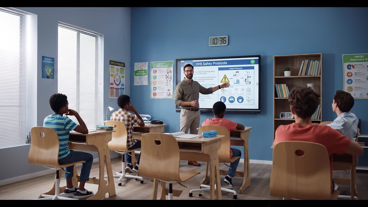 Teacher explaining lesson on digital screen to students sitting in classroom during interactive modern education session
