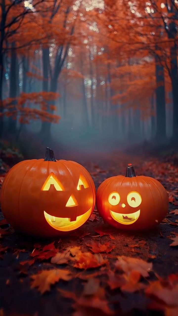 Due zucche di Halloween luminose in una foresta autunnale nebbiosa