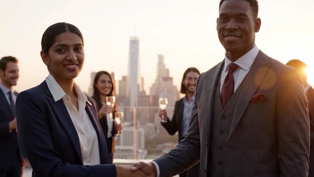 An Elegant Evening Gathering: Networking and Conversations Amidst a Stunning City Skyline at Sunset, Capturing Professional Connections and Personal Moments